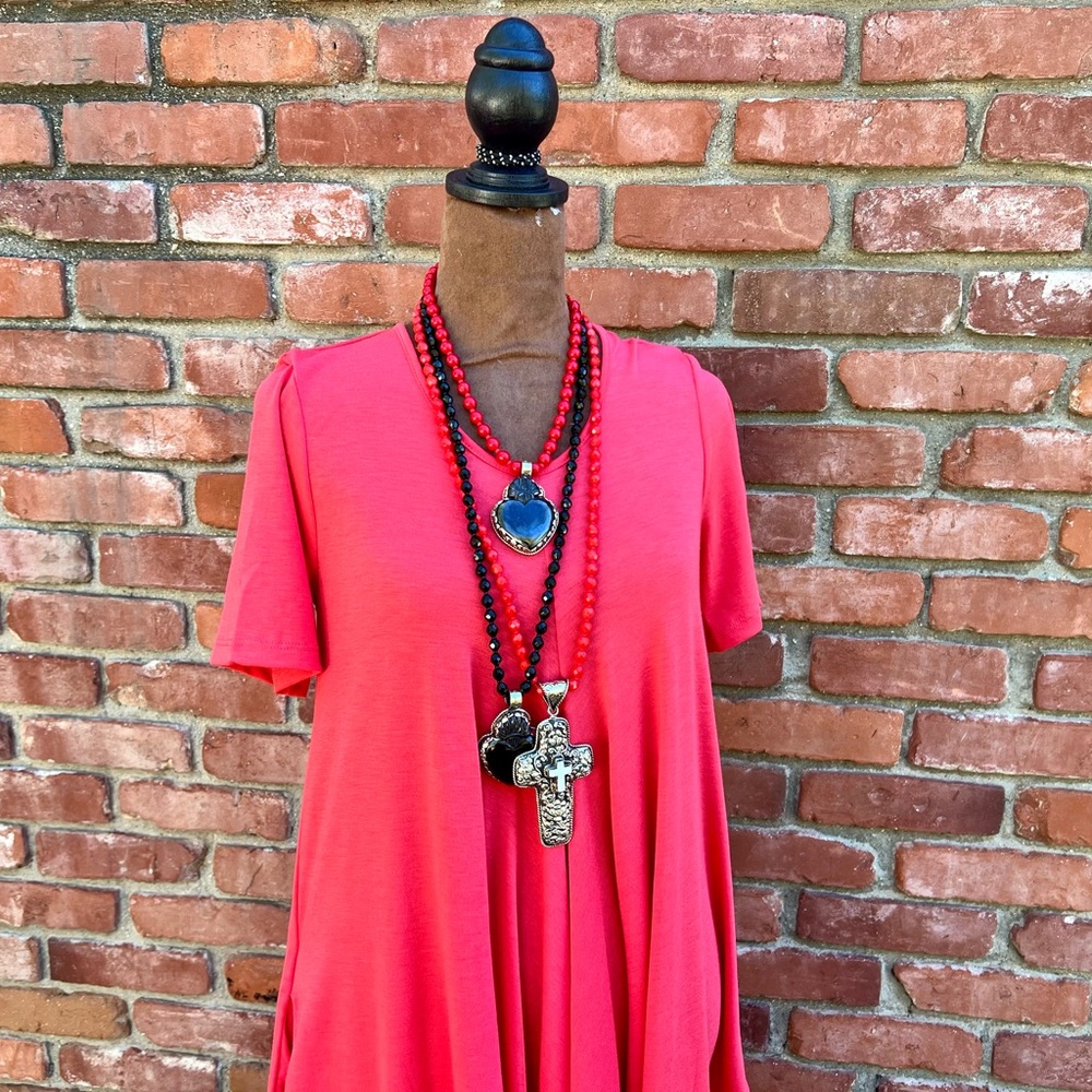 Effortless Women's Coral Red Tone Handkerchief Hem Dress NWOT - Picture 3 of 7